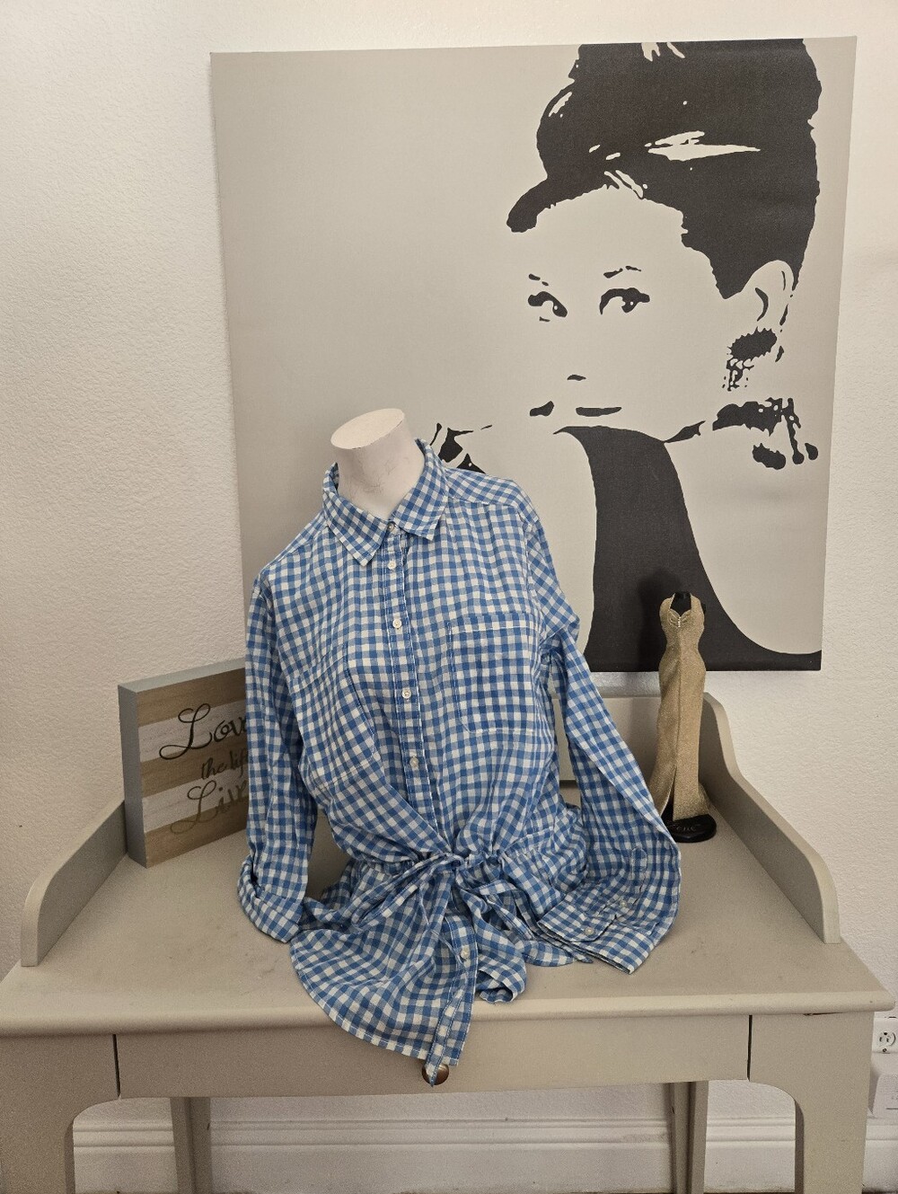 NWT Womens Joe Fresh Blue Gingham Button-Down Shirt - Classic Casual Tie-Front